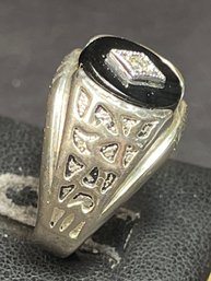 Vintage Sterling Silver Mens Ring Black Onyx Tiny Diamond Size 9