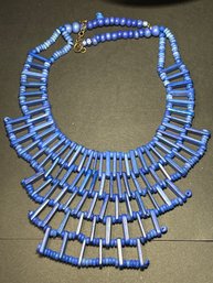 Vintage 1980s Blue Colored Carved Bone Bib Necklace