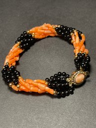 Black Onyx And Coral Beaded Multi Strand Bracelet