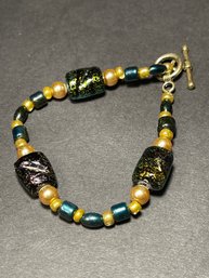 Contemporary Art Glass Pearl And Gilt Silver Beaded Bracelet