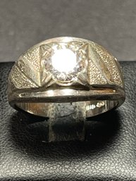 Vintage Siler Tone Mens Ring W Large White Stone Size 11.5