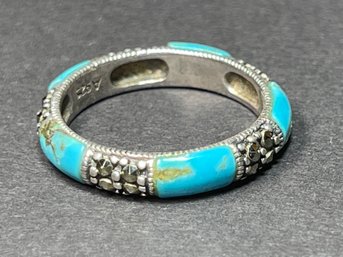 Sterling Silver Turquoise Band Ring W Marcasites Size 8