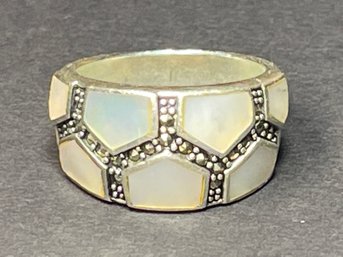 Sterling Silver Mother Of Pearl Marcasite Ladies Ring Size 8.5