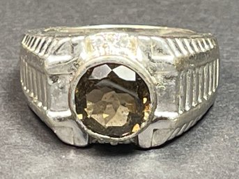 Sterling Silver Mens Ring Deco Style Smoky Quartz Size 10.5