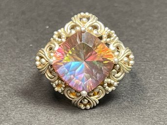 Sterling Silver Ladies Ring Large Rainbow Gemstone Size 7