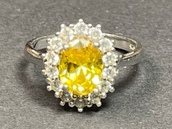 Fine Sterling Silver Ladies Ring Citrine Surrounded By Gemstones Size 7