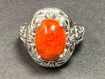 Sterling Silver Large Ring W Red Stone Fancy Setting Size 7.5