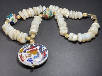 Vintage 1980s Mother Of Pearl Chinese Cloisonne Dragon Necklace