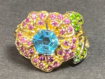 Gold Over Sterling Silver Floral Genuine Gemstone Ring Size 7