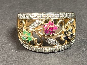 Ruby Sapphire Emerald Gold On Sterling Silver Floral Ring Size 8