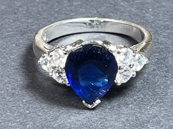 Large Blue Gemstone Sterling Silver Ladies Ring Size 8