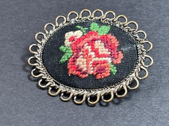 Vintage Metal Pin Vrooch Embroidery Of A Rose