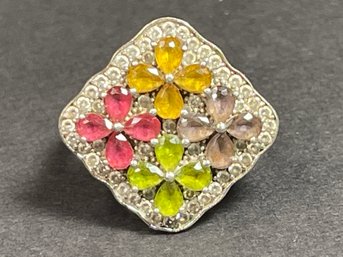 Sterling Silver Genuine Gemstone Ladies Ring W Flowers Size 7.5