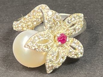 Fine Sterling Silver Large Cultured Pearl Ruby Floral Ring Size 8