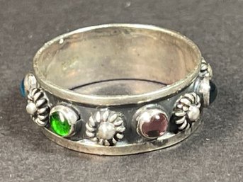 Fine Sterling Silver Bejeweled Gemstone Band Ring Size 6