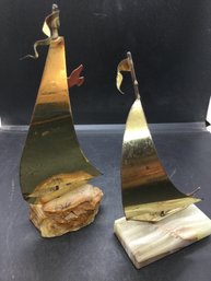 Mcm Sailboat Metal Sculptures On Marble Lot Of 2