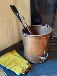 Copper Ash Bucket With Fireplace Tools And Leather Gloves