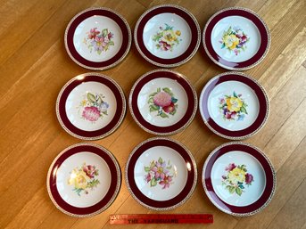 Vintage Crown Ducal Ware Floral Plates With Burgundy And Gold Leaf Rim 8.75in