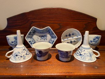 Blue And White Porcelain Collection: Royal Copenhagen Fluted Ashtray, Funnels, Signed Asian Dish, Tea Cups