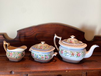 1820 Porcelain Floral Tea Pot, Sugar Dish And Creamer Set