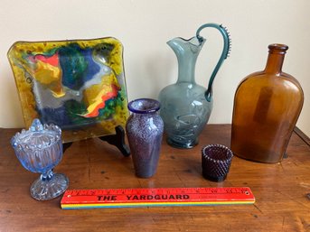 Colorful Glass Collection: Handblown Pitcher Marked R G, Brown Bottle, Sugar Dish, Amethyst Votive,