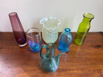 Cool Colorful Glass Collection: Fisch's Bitters Bottle, Handblown Deerx Spain, Vases, Wileyware Tumbler