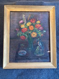 Signed S Berlin Oil On Board Still Life Flowers Frog And Bird