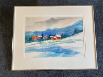 Signed Original Watercolor Barbara Doncaster Lovely Berkshire Winter Landscape Farm And Barn