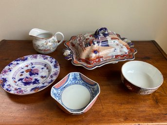 Real Stone China Tureen, Asian Motif Porcelain Creamer, Plate, Bowl And Dish