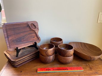 Wood Tray Plates, Bowls And Teak Serving Bowl