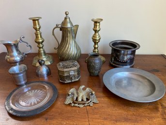 Assorted Metals Collection: Brass, Pewter, Copper And Glass, Eagle 6685 Drawer Handle, Candlesticks, Bell