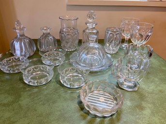 Clear Glass Collection: Decorative Swirl Designs, Cut Glass, Dessert Dishes, Cream And Sugar Set