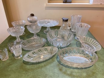 Pressed Cut Glass Collection: Cake Stand, Dishes, Shot Glasses, And More