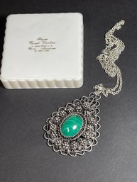 Large Size Strrling Silver Pendant W Malachite Stone Sterling Chain 26