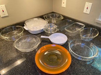 A Bunch Of Clear Baking Dishes: Pyrex, 2 Corningware, Fireking Anchor Hocking, Glasbake, & Orange Glass Plate