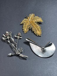 Three Vintage Gold And Silver Tone Brooches Incl Trifari