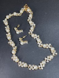 Vintage Gold Tone White Rhinestone Faux Pearl Necklace Earrings