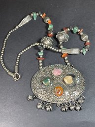 Ethnographic Low Grade Silver Necklace W Large Pendant Agate Stones