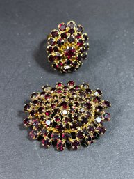 Garnet Colored Rhinestone Brooch And Matching Ring