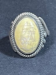 Vintage Sterling Silver Ring W Scrimshaw Boat Stone Size 4.5