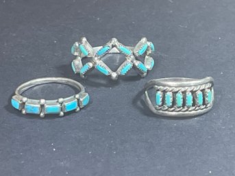 Three Southwestern Zuni Sterling Silver Turquoise Rings Sizes 4.5 5.5 6.5