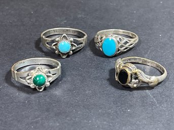 Four Sterling Silver Vintage Rings Turquoise Onyx Etc