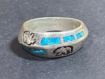 Sterling Silver Turquoise Southwestern Band Ring W Bears Size 5.5