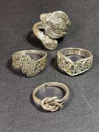 Lot Four Sterling Silver Rings Spoon Marcasites Etc