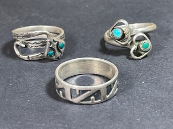 Three Southwestern Sterling Silver Rings Snake Turquoise Etc