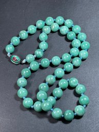 Fine Genuine Jade Chinese Carved Beads Necklace Enamel Clasp 24