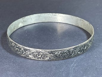 Fine Sterling Silver Fancy Engraved Bangle Bracelet W Lotus Flowers