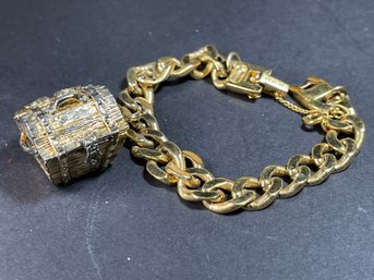 Vintage Signed MONET Gold Tone Charm Bracelet W Pirate Chest