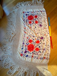 Beautiful Vintage Floral Embroidered Silk Shawl With Crocheted And Fringe Border