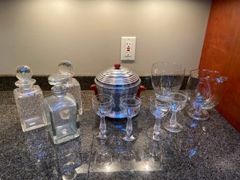 MCM Thermos Ice Bucket, Clear Glass Pitcher, Etched Wine Glasses, Liquor Decanters